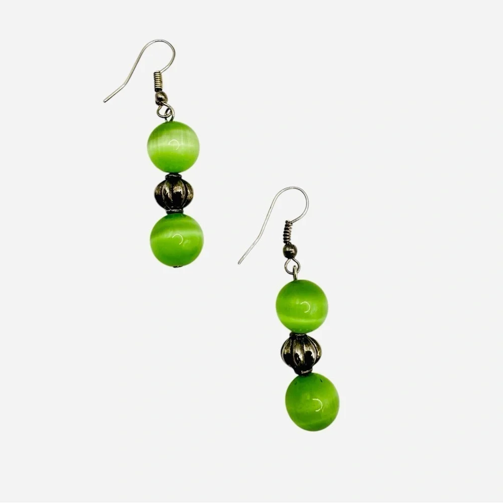 Green Cat’s Eye Dangle Earrings | Antique Bronze Beads | Boho Minimalist Style